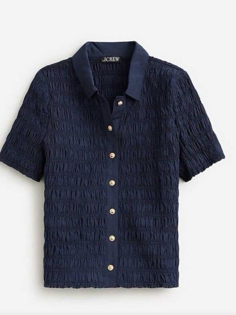 J. Crew Navy Smocked Yoke Button-Up Top. Pit-Pit 18 Inches.